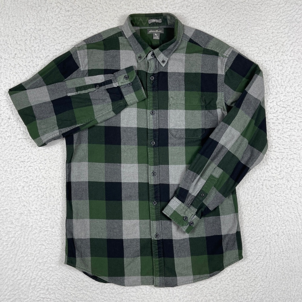 Eddie Bauer Flannel Shirt Mens Medium Green Grey Buffalo Plaid Button Down
